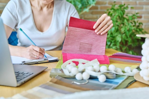 A close-up shot of a designer working with innovative, sustainable materials such as recycled fabrics, plant-based dyes, and biodegradable textiles. The focus is on the texture and unique qualities of these materials.