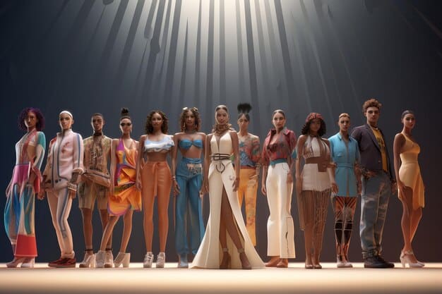 A runway show featuring models of diverse ethnicities, body sizes, and abilities showcasing inclusive designs. The atmosphere is celebratory and empowering, highlighting the beauty of diversity.