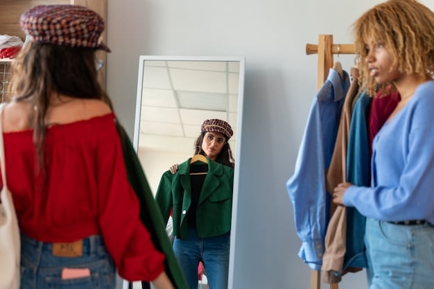 A person standing in front of a mirror, trying on different combinations of clothing and accessories, experimenting with various styles and colors to find the perfect look. The room is filled with clothes, shoes, and accessories, showcasing the process of developing a signature style through trial and error.
