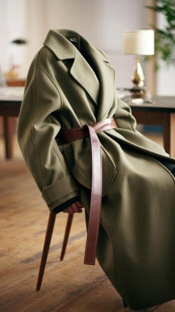 A detailed shot of a classic beige trench coat draped over a chair, with a silk scarf peeking out from the pocket, suggesting elegance and versatility for layering.