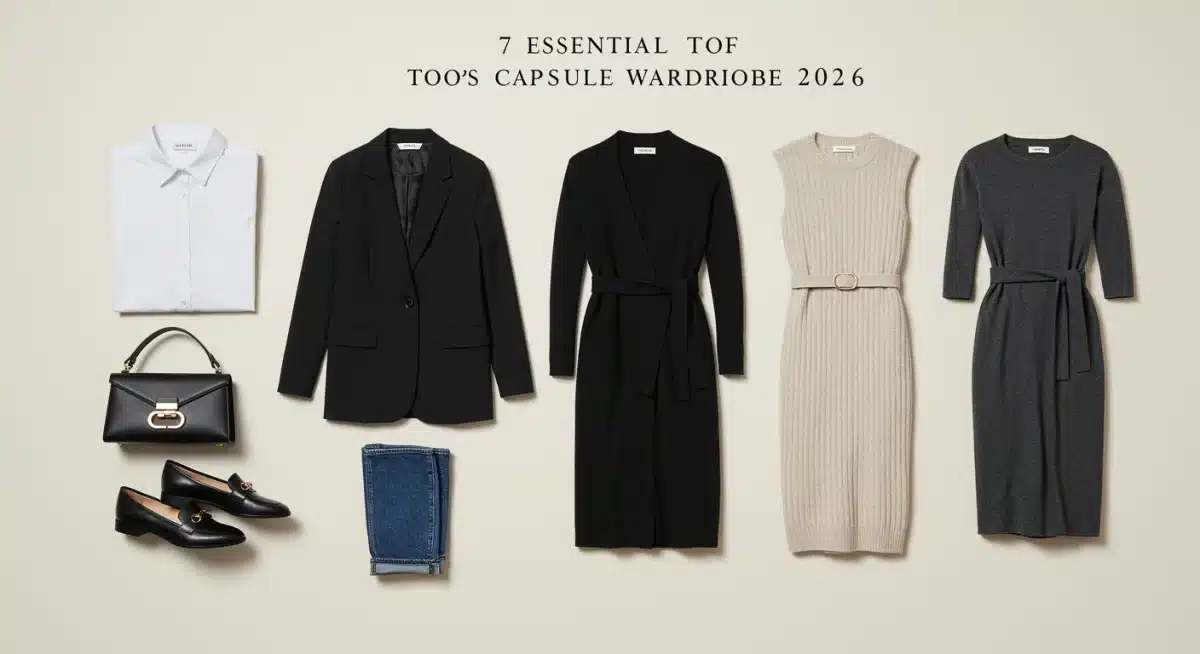 Flat lay of 7 essential pieces for a 2026 capsule wardrobe.