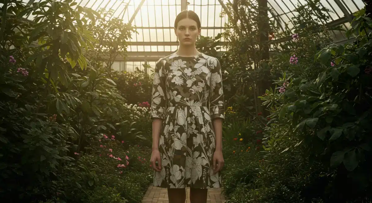 Model in abstract floral print dress in botanical garden