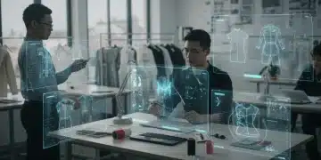 AI-powered fashion design studio with designers and holographic interfaces