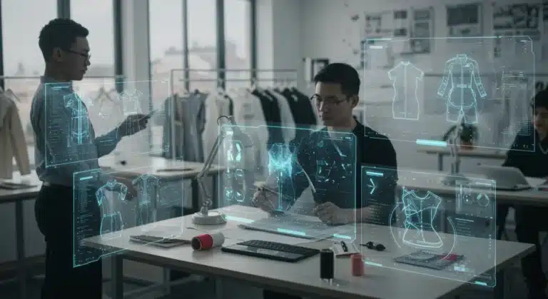 AI-powered fashion design studio with designers and holographic interfaces