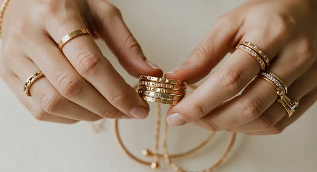 Hands arranging various rings and bracelets for accessorizing