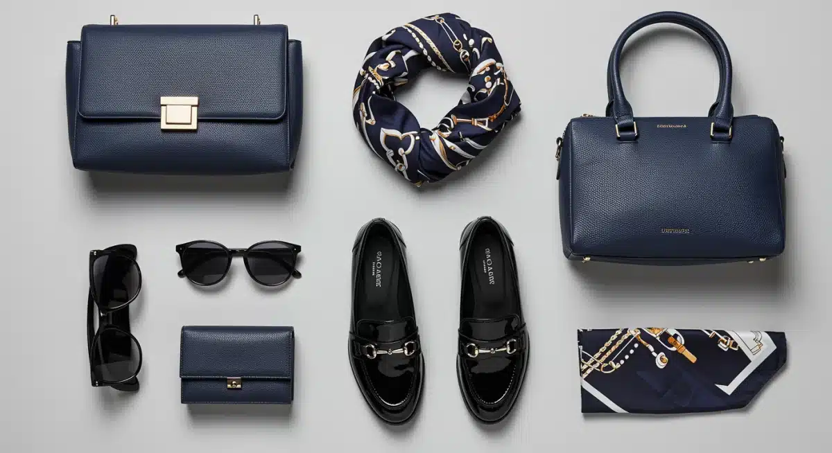 Flat lay of black and navy fashion accessories
