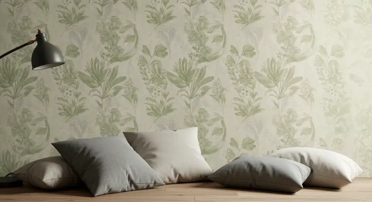 Home decor with muted botanical print pillows and wallpaper