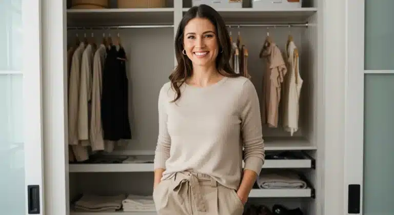 Woman confidently showcasing a minimalist capsule wardrobe outfit