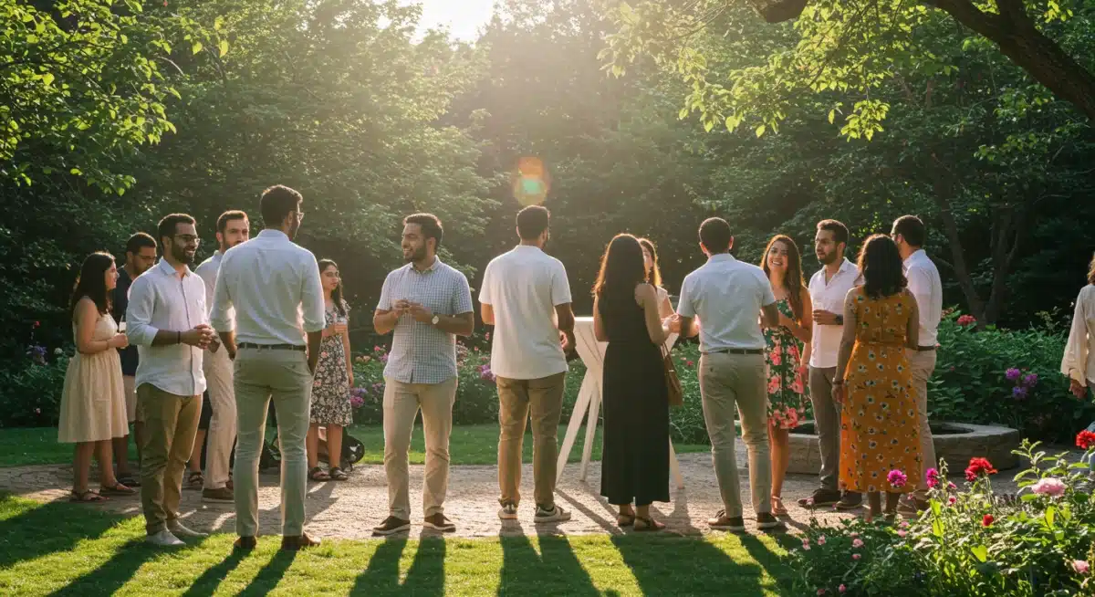 Young professionals networking casually outdoors in relaxed attire