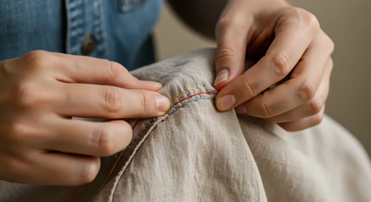 Hands skillfully mending a piece of clothing with colorful thread, promoting garment longevity.