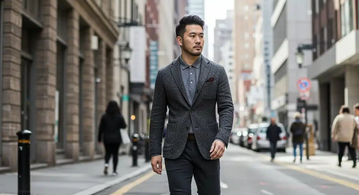 Confidently walking person in well-fitted, stylish, tailored inexpensive outfit.