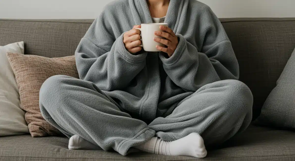 Person relaxing in an oversized cardigan with a mug