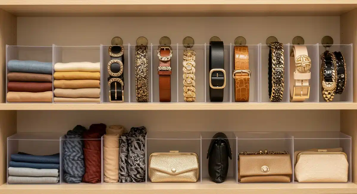 Curated shelf with scarves, belts, and clutches for styling