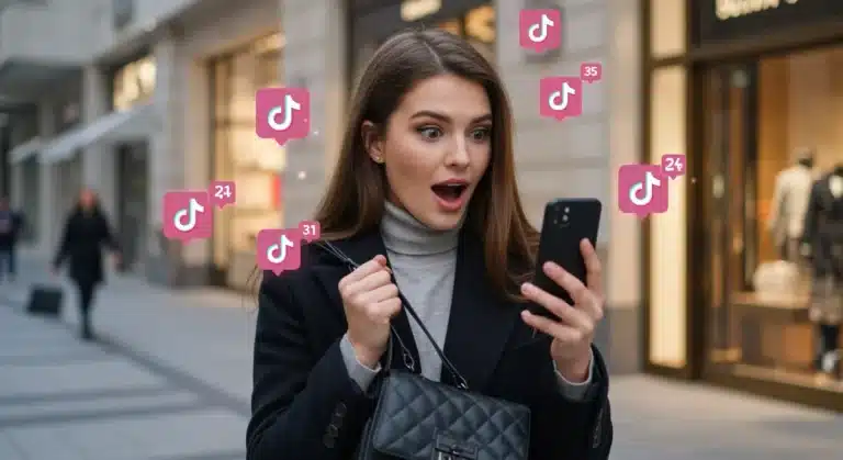 Woman reacting to designer brand going viral on TikTok