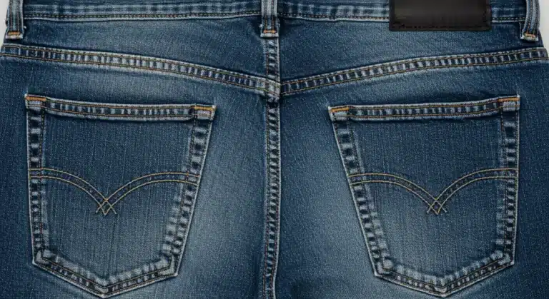 Rear pockets of designer jeans, emphasizing precise placement and stitching details.