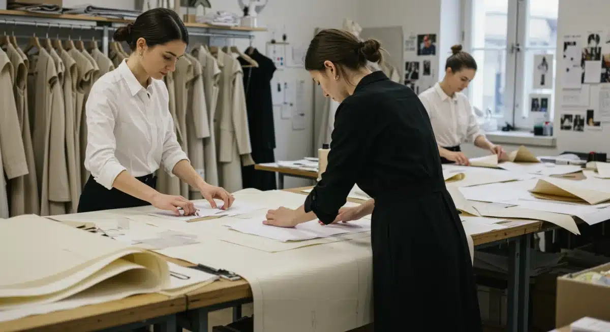 Fashion designers meticulously working on quiet luxury garments.