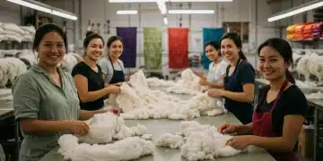 Textile workers practicing ethical sourcing in a sustainable fashion workshop