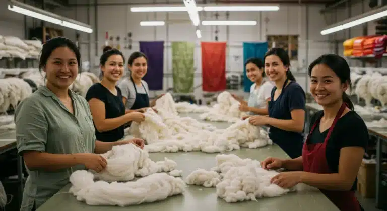 Textile workers practicing ethical sourcing in a sustainable fashion workshop