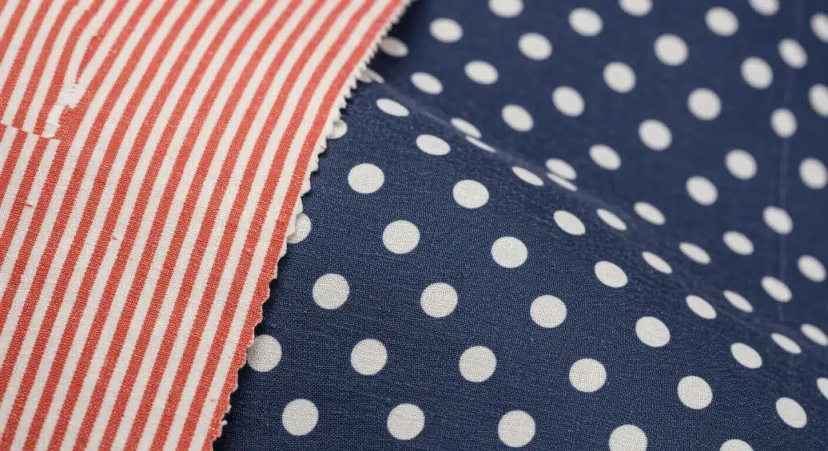 Close-up of striped and polka dot fabric swatches for pattern mixing