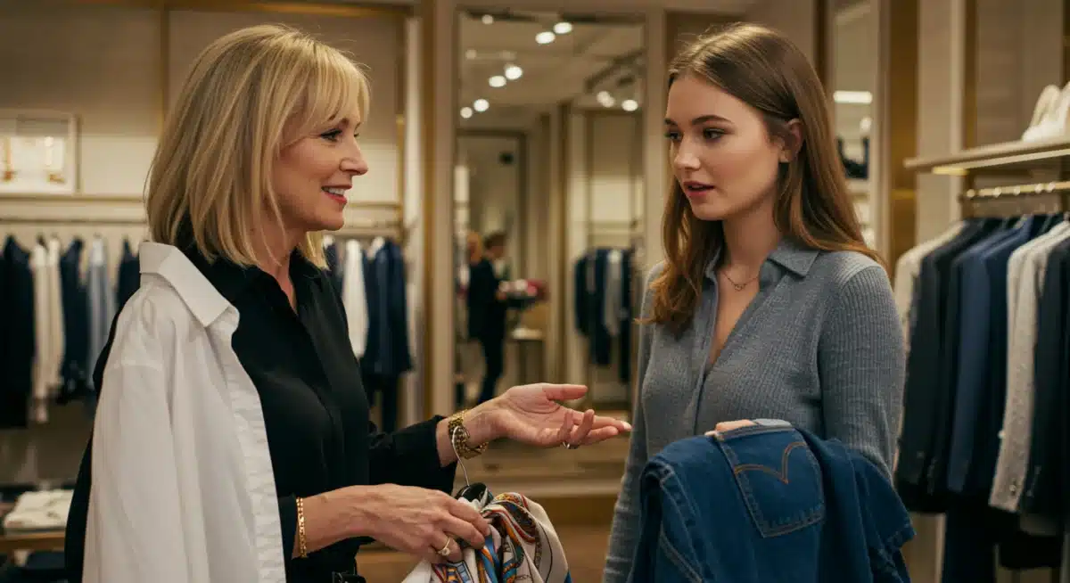 Fashion consultant demonstrating high-low styling techniques to a client