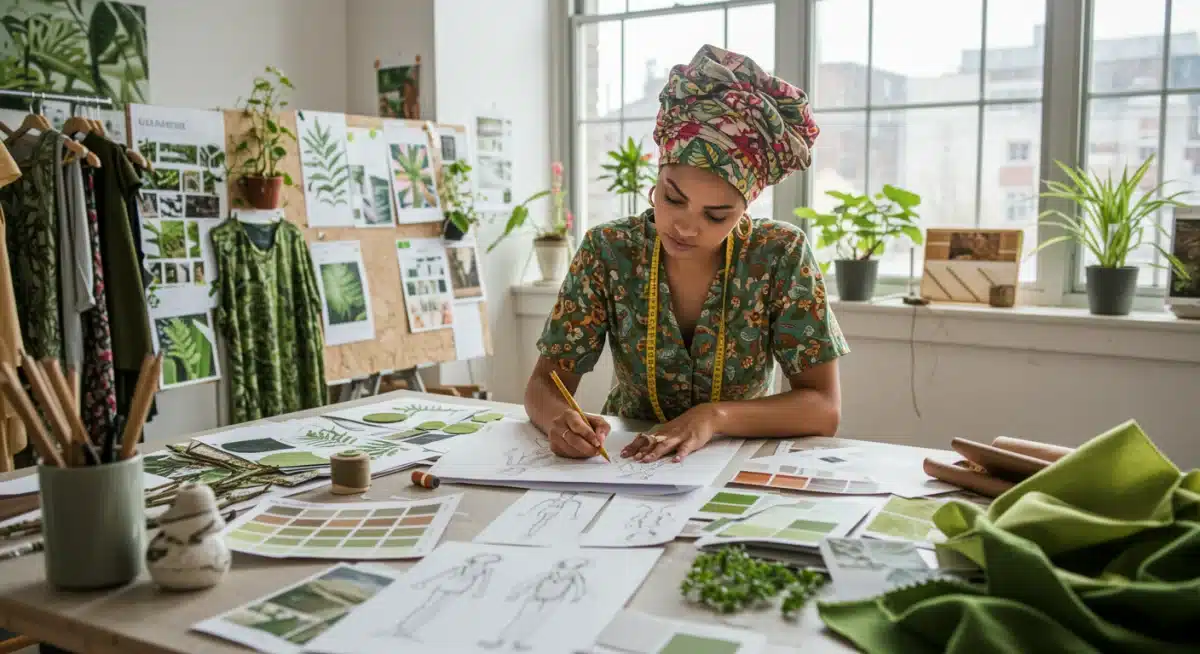Fashion designer sketching with sustainable fabric swatches