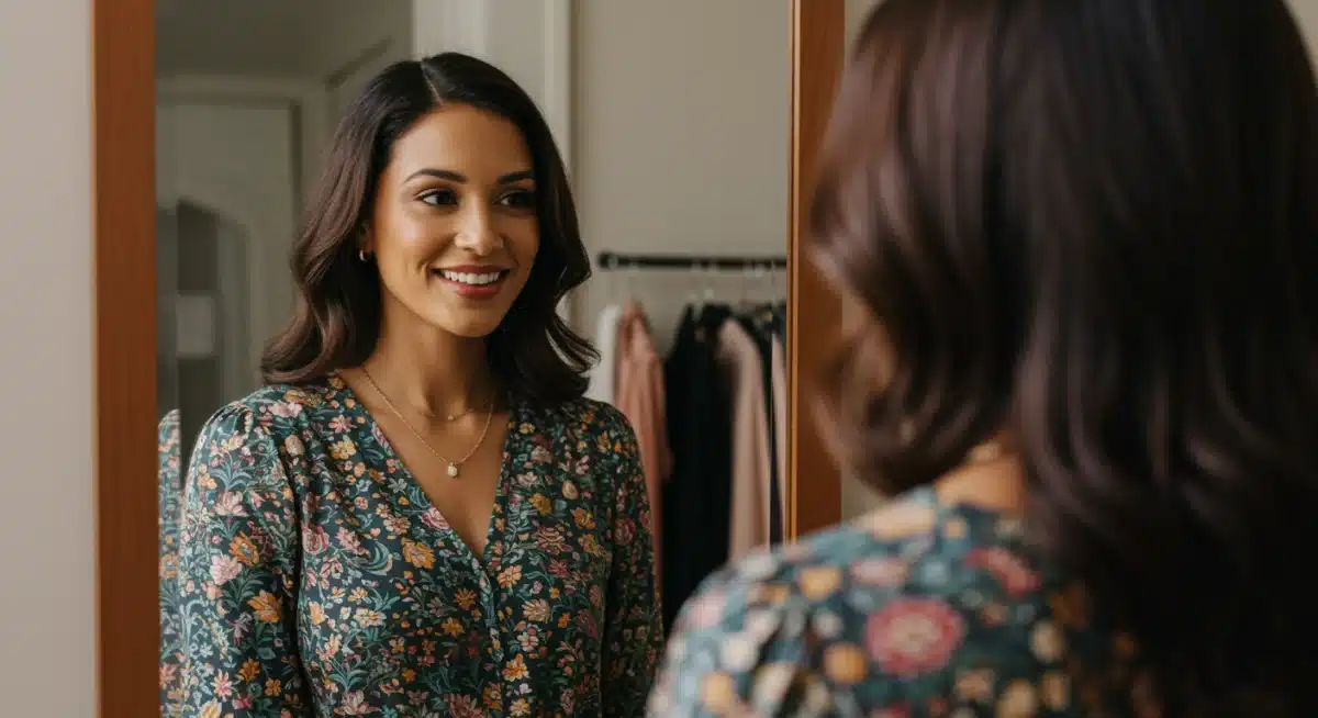 Person smiling at reflection, wearing flattering seasonal color, enhanced appearance.