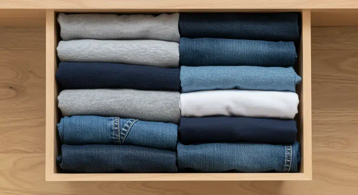 Neatly folded clothes in a capsule wardrobe drawer
