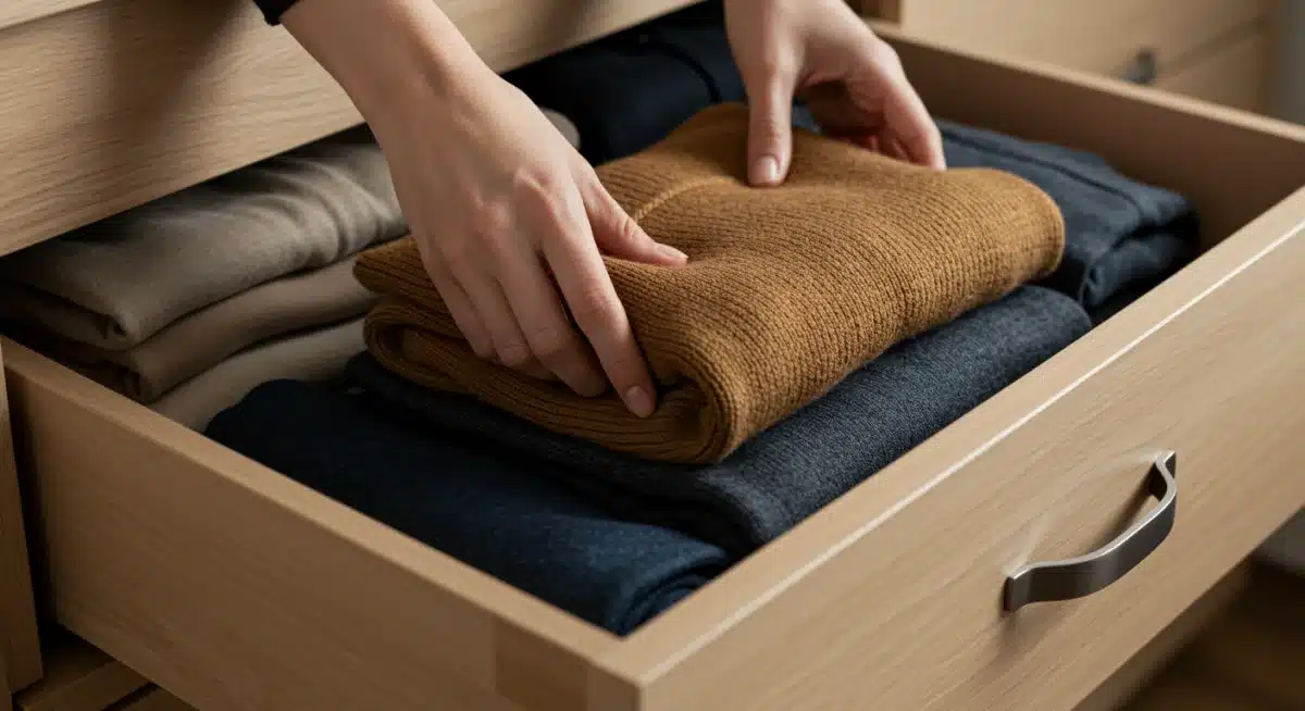 Hands folding a high-quality sweater in a tidy capsule wardrobe drawer