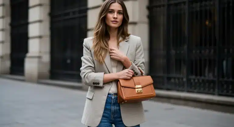 Model wearing a high-low fashion outfit, blending luxury and affordability
