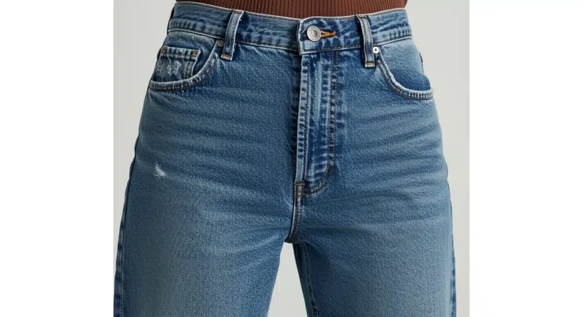 High-waisted wide-leg jeans with subtle distressing, showcasing a popular contemporary denim trend.