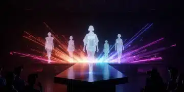 Digital Fashion Shows: Why Designers Embrace Virtual Experiences Holographic models on a futuristic digital runway with virtual audience