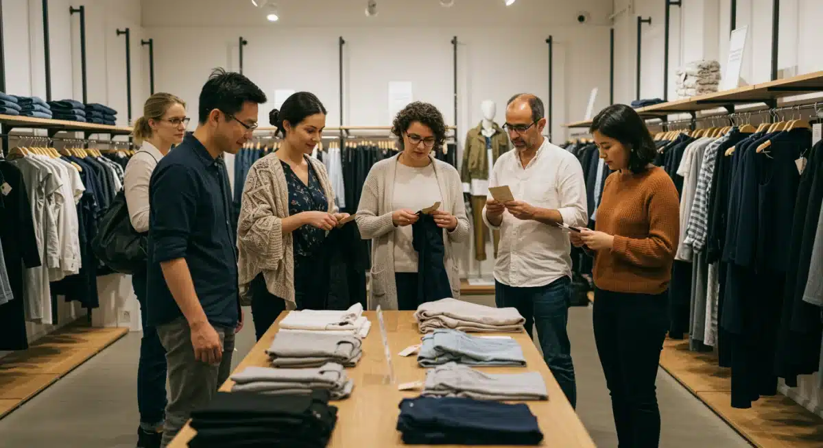 Consumers making informed choices about sustainable clothing in a retail store
