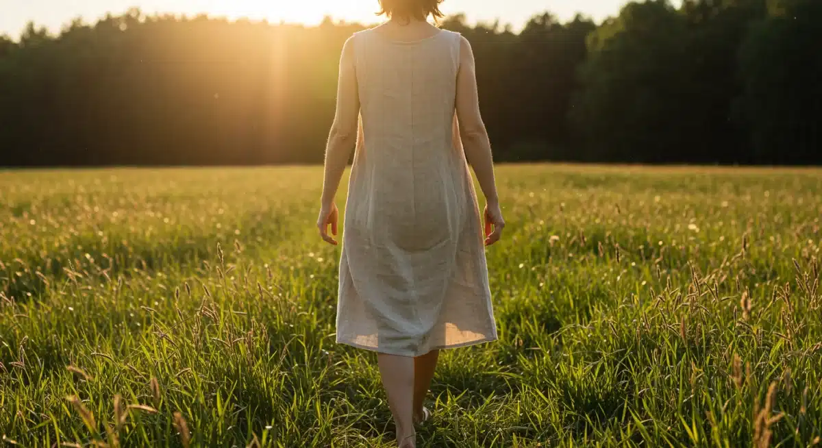 Woman in a flowing linen dress walking in a sunny field, demonstrating natural fabric comfort.