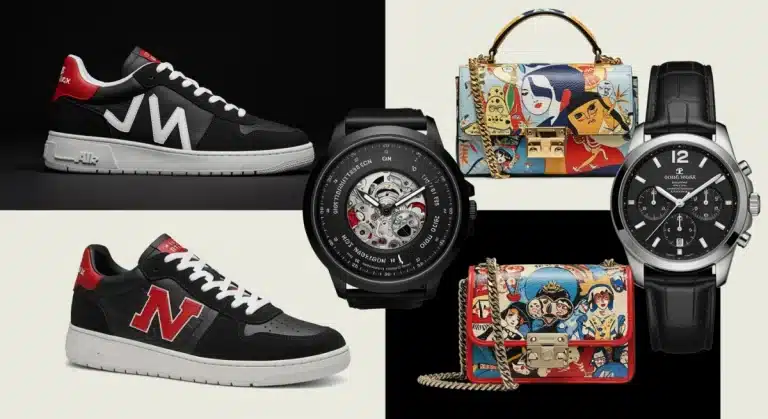 Luxury designer collaboration products in a modern collage