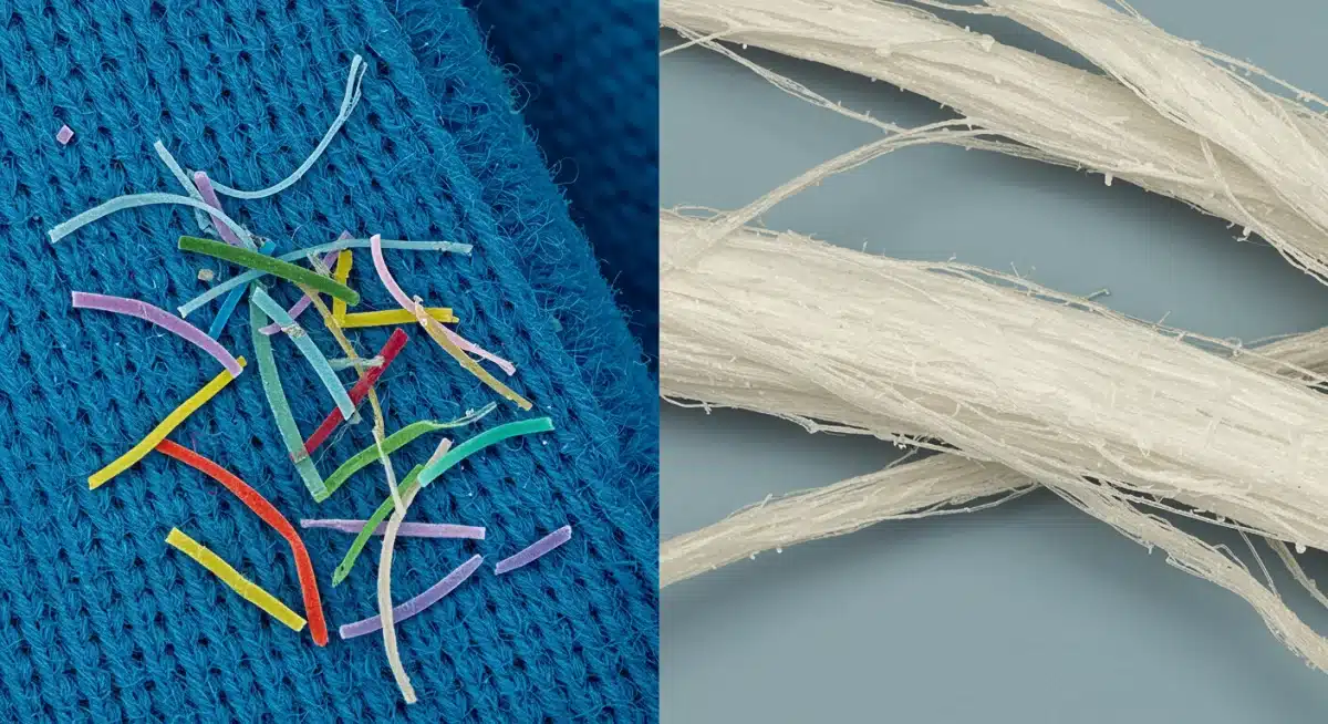 Microplastic fibers shedding from synthetic fabric compared to natural fibers, showing environmental impact.
