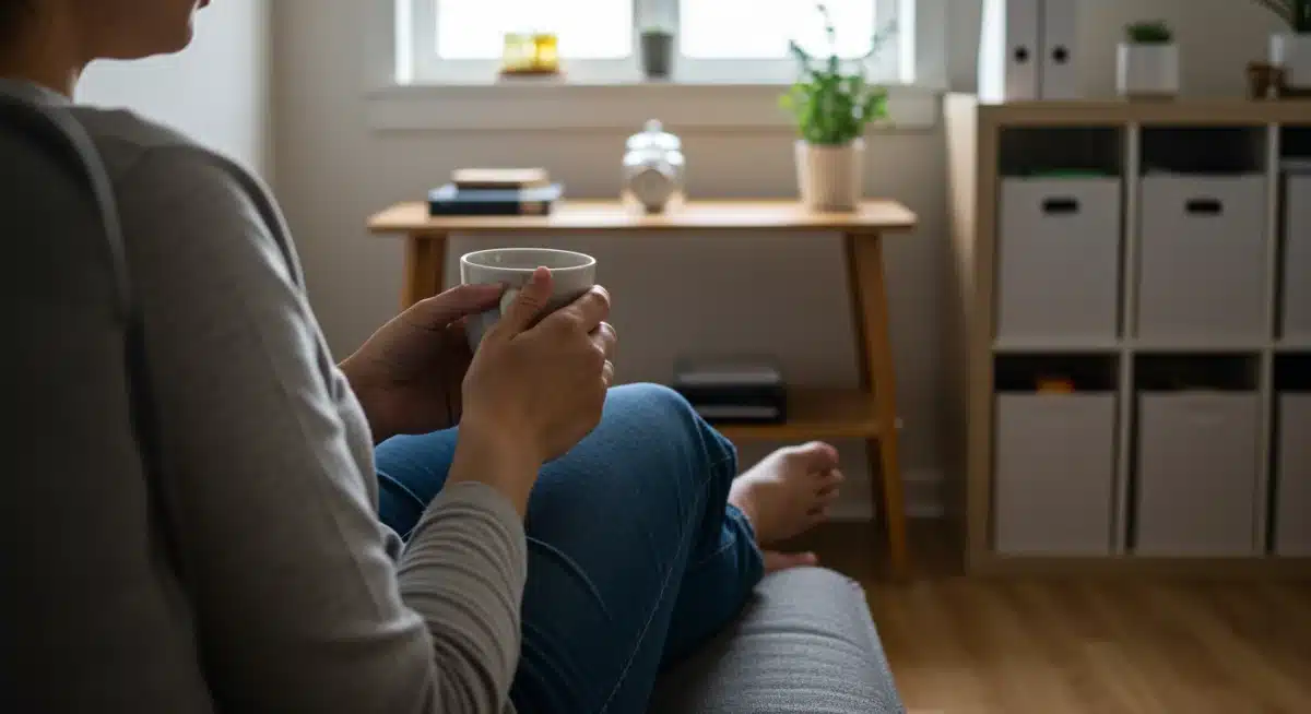 Person relaxing in a minimalist setting, symbolizing reduced stress