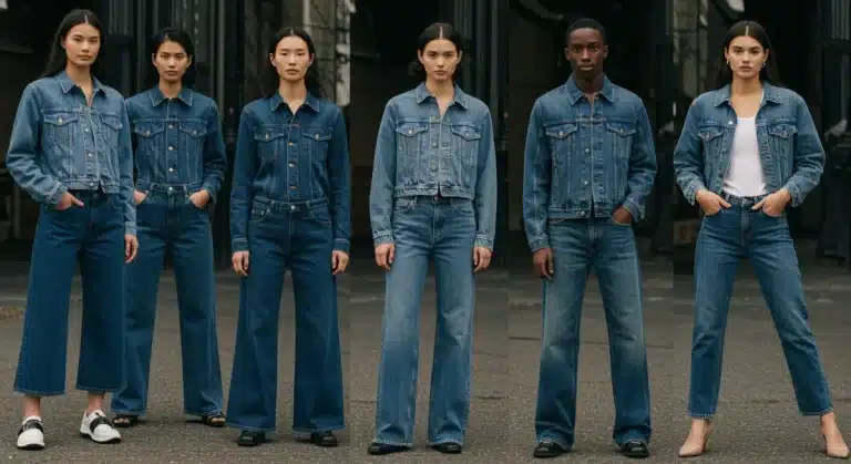 Models wearing modern and diverse denim styles in a city environment, highlighting recent fashion trends.