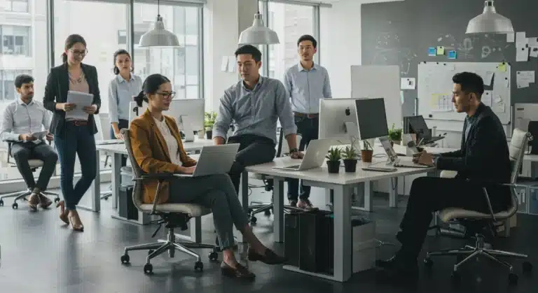 Modern office with diverse employees in smart casual attire