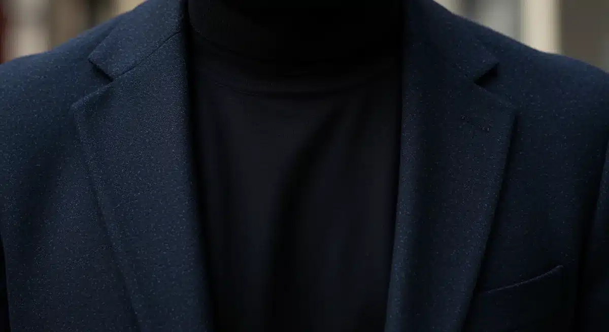 Man in navy suit jacket and black turtleneck, sophisticated contrast