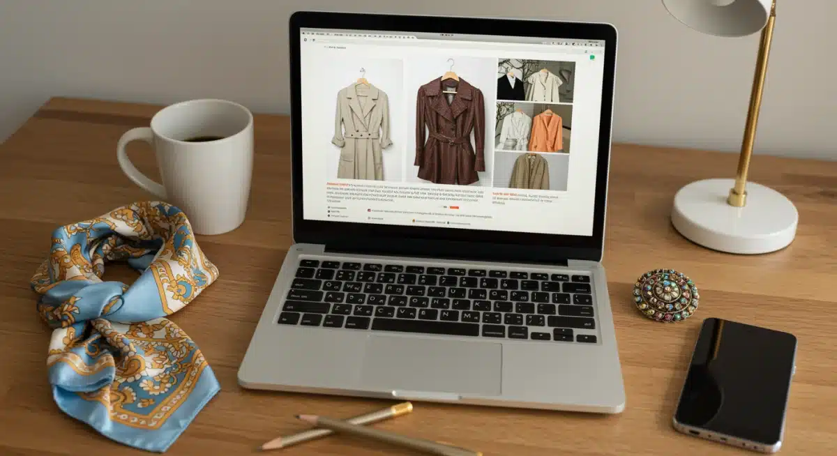 Online vintage marketplace on laptop with vintage accessories.