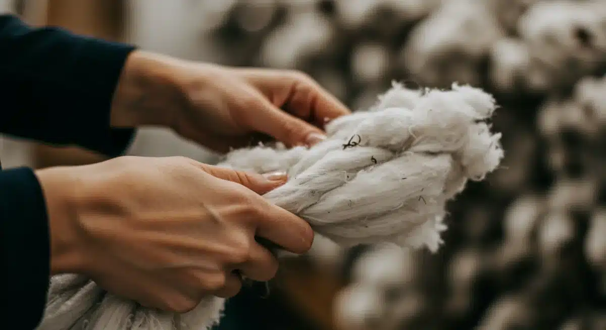 Hands inspecting organic cotton for ethical material sourcing