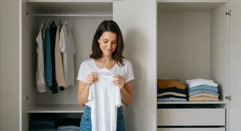 Woman with organized capsule wardrobe, minimalist style