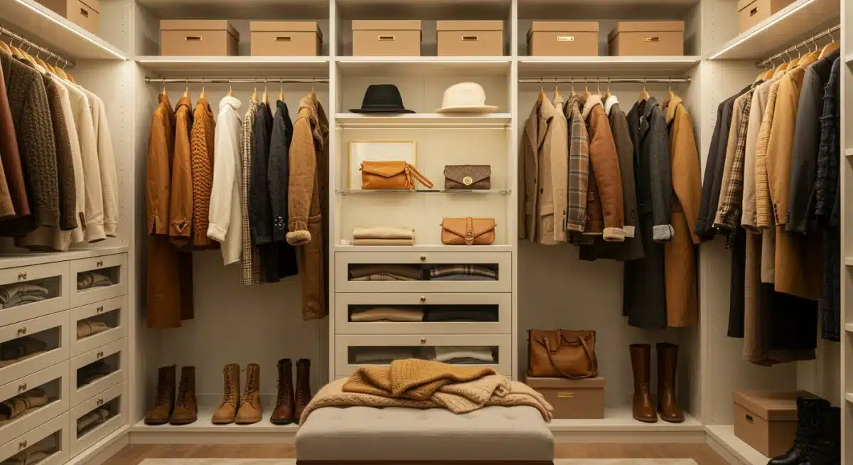 Organized closet with clothes sorted by seasonal color palette, simplifying choices.