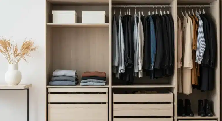 Organized seasonal capsule wardrobe with versatile clothing