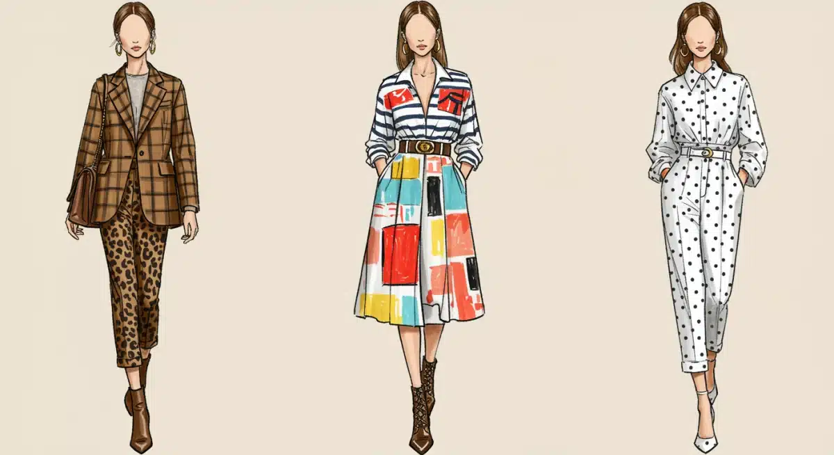 Fashion illustration demonstrating successful pattern mixing examples