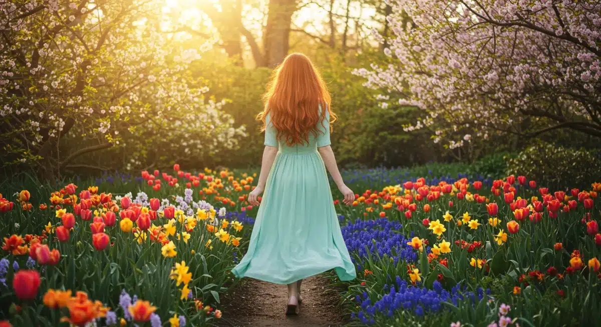 Person in pastel spring clothes in a vibrant garden