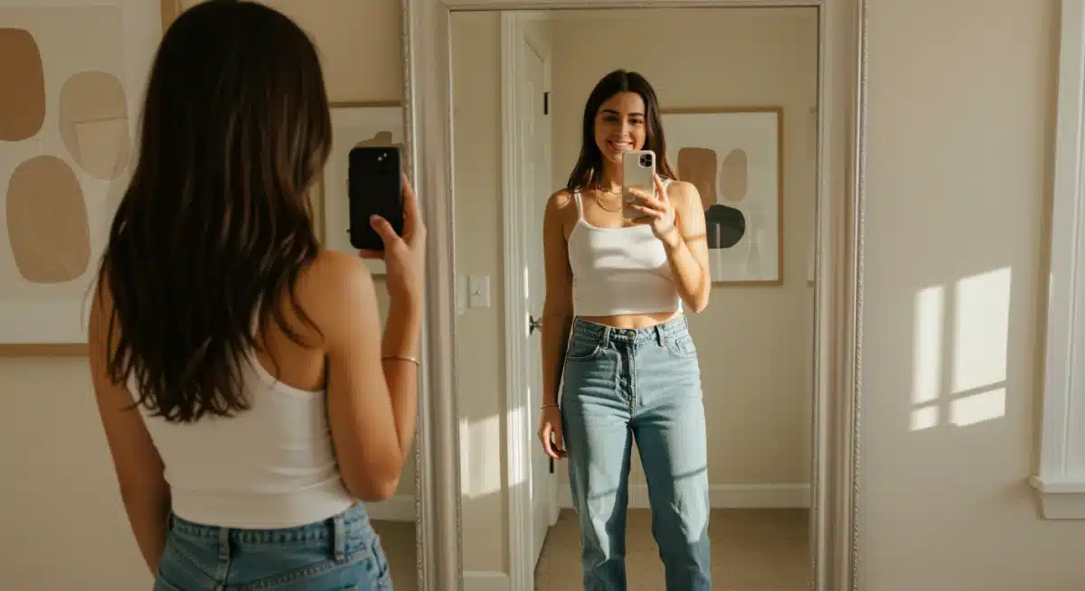 Person styling outfits from a capsule wardrobe