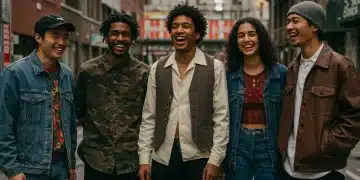 Stylish individuals in unique vintage outfits sourced online, showcasing diverse fashion.