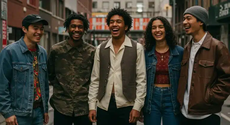 Stylish individuals in unique vintage outfits sourced online, showcasing diverse fashion.