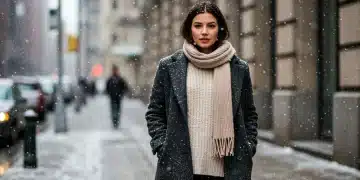 Woman in stylish layered winter outfit walking city street